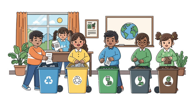 A diverse group of cartoon children are sorting paper and dirt into recycling bins with different logos in a bright classroom with a whiteboard and a window with a plant in a clean
