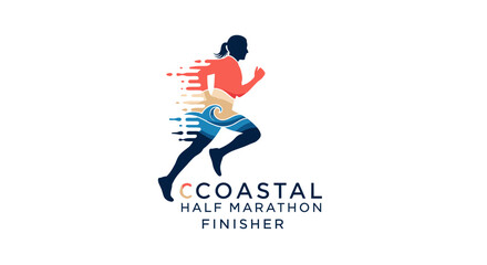 Obraz premium Coastal Marathon Finisher Logo Featuring a Person Running With Waves and a Vibrant Color Palette