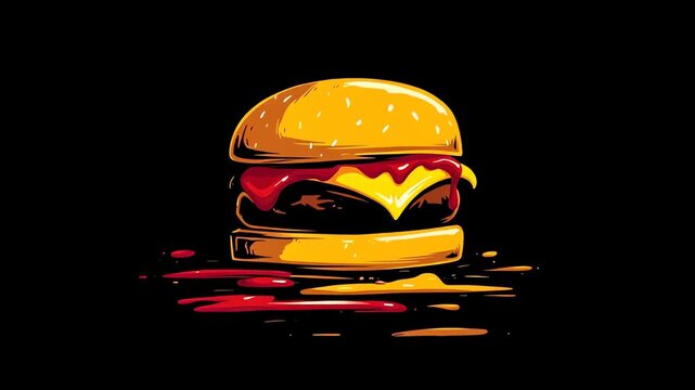 Animated Stylized Cheeseburger Assembly with Dripping Sauce