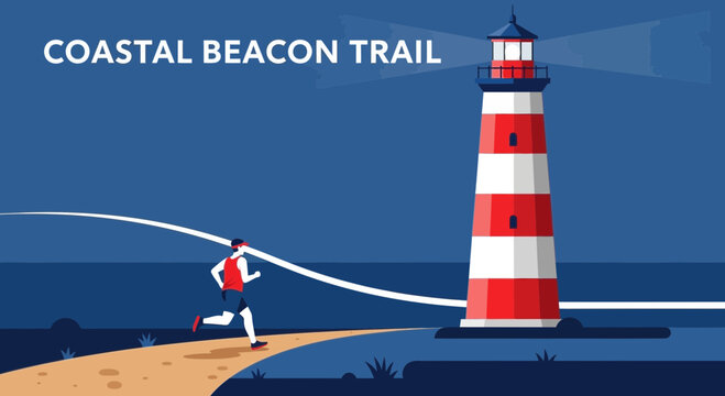 Coastal Runner Navigating Along Seaside Path Toward Lighthouse Beacon During Sunset