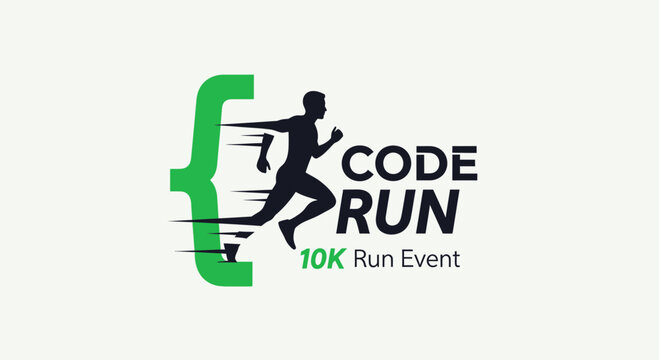 Code Run Event Logo Depicting A Silhouette Runner With Programming Language Symbol