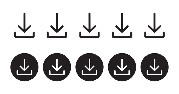 Set of black download icons in line and filled styles for modern web and mobile applications.