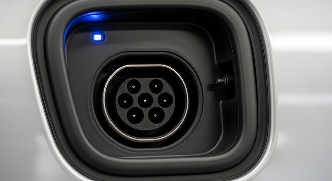 A close-up view of an electric vehicle charging port with a blue light indicator