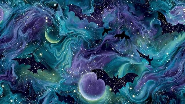 A surreal 3D seamless pattern set against a backdrop of swirling, cosmic watercolor galaxies in deep blues, purples, and greens.