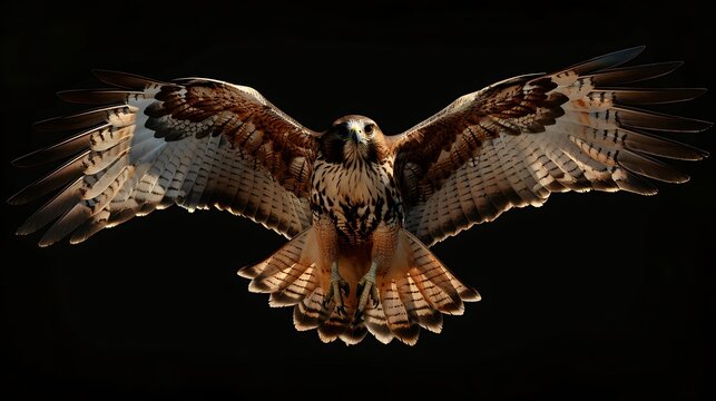 A majestic hawk with outstretched wings is illuminated by dramatic sunlight against a black void.