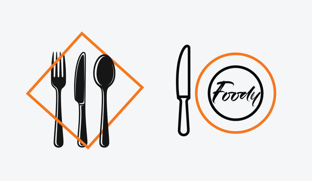 A logo with utensils and a plate with the word foodly Vector, logo, EPS