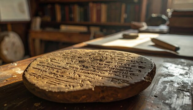 Ancient Cuneiform Clay Tablet with Deeply Pressed Inscriptions Resting on a Wooden Surface in a Library Setting