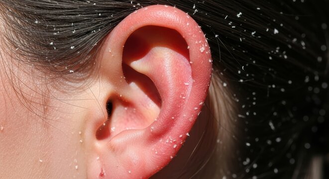 Close-up View of Human Ear with Water Droplets.