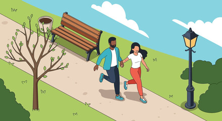 Fototapeta premium Couple Joyfully Holds Hands and Runs Through a Park Illustrating Movement and Togetherness