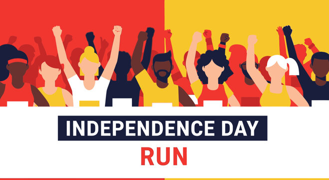 Diverse Crowd Celebrating Independence Day With Raised Fists and Running Theme