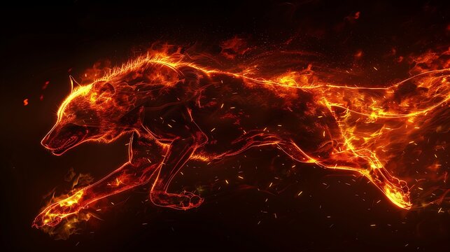 A mythical wolf composed entirely of vibrant, flickering flames sprints forward in a fiery display.
