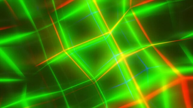 Vibrant green and orange neon lines move and reform a dynamic abstract grid pattern against a dark background.