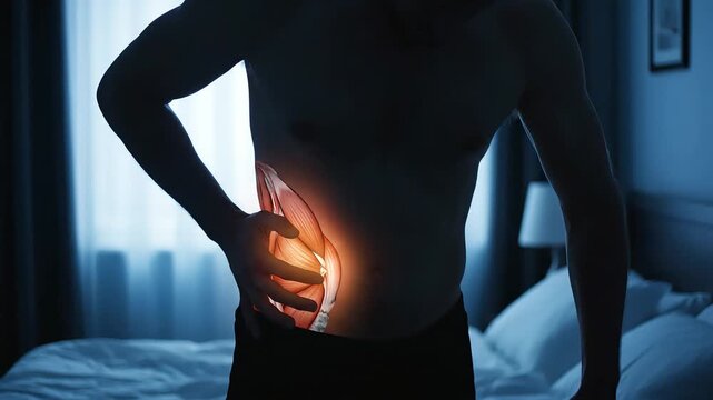 A man experiencing severe lower back or kidney pain in a dimly lit bedroom.
