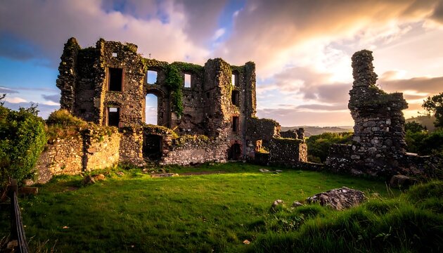 Weathered stone castle ruins bathed in sunlight, set against a dramatic sky. A once majestic structure overtaken by nature's touch