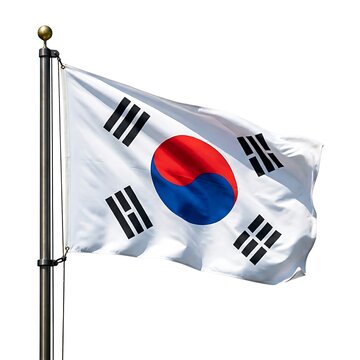 South korean flag waving on a flagpole with south korea white background republic of korea national trigrams patriotic government politics flagpole isolated celebration independence