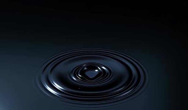Top view slow motion seamless loop of water wave when droplet dropping on a surface of a liquid isolated on black background, raindrop falling down to the ground in the night,