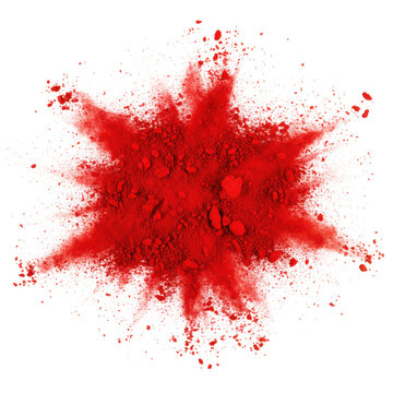 Red powder explosion bursting outward isolated on a transparent background