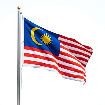 National flag of malaysia jalur gemilang with crescent and star waving on metal pole isolated on white background malaysia malaysian national crescent patriotic southeast flagpole isolated