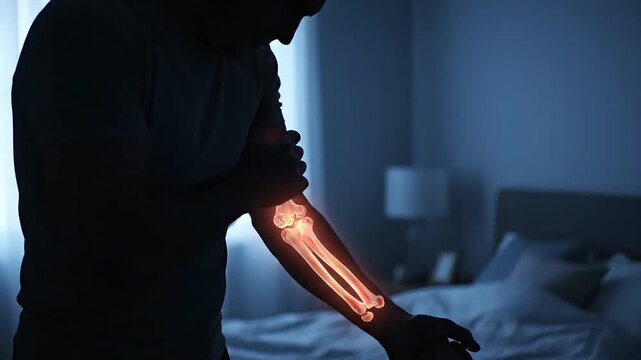 A person experiencing arm pain with an x-ray overlay showing glowing bones in the forearm, indicating injury or discomfort.
