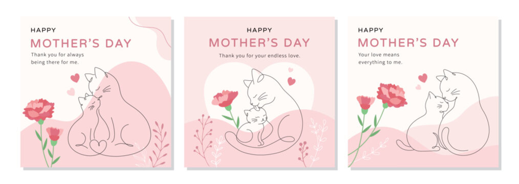 Mother&rsquo;s Day Cat Card Set, Cute Mom and Baby Kitten Collection, Minimal Line Art Greeting Card Templates, Editable Vector EPS Bundle