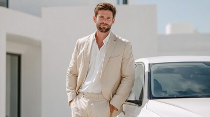 Fototapeta premium Stylish man in a beige suit stands by a car, exuding confidence and elegance.