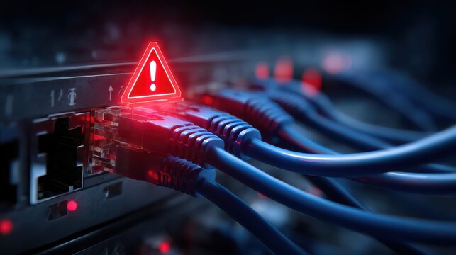 Network cables connected to a server with a glowing red warning sign indicating a network or connectivity issue.