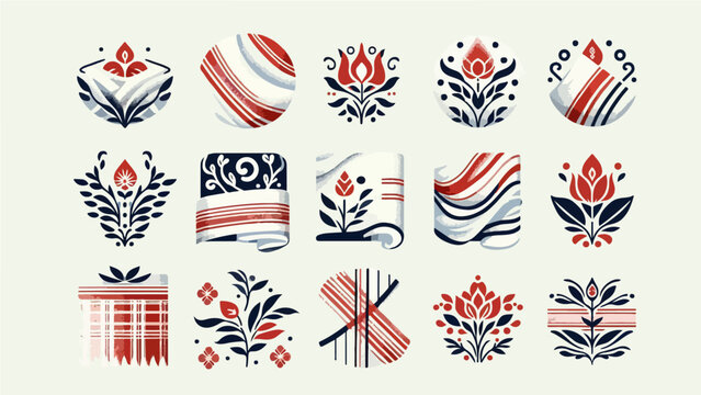 Traditional Assamese Gamosa Textile Icon Set with Folk Floral Motifs and Red Stripe Patterns in Navy Blue and Red, Watercolor Style Vector Illustration Collection