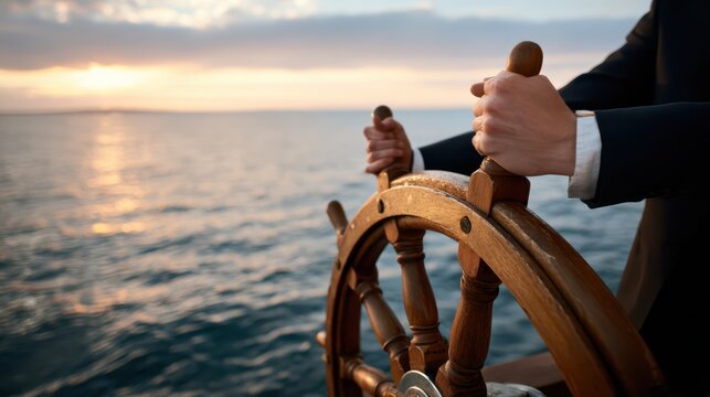 A person in a suit steers a wooden ship's wheel, navigating calm waters at sunset.