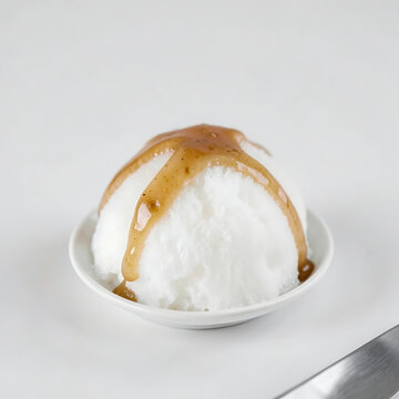 minimalist shaved ice dessert with single flavor syrup elegant soft monochrome background strong color contrast large 