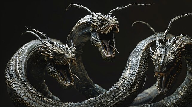 Mythical three-headed serpent with detailed scales and menacing fangs emerges from darkness.