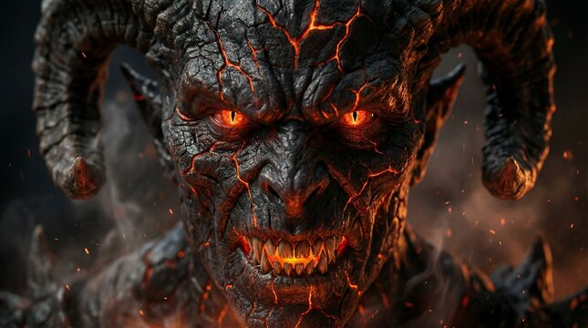 A close-up of a demonic creature with glowing red eyes and sharp teeth.