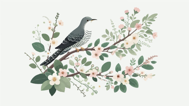 Elegant Cuckoo Bird Perching on Blooming Cherry Blossom Branch with Pink Flowers and Green Leaves, Soft Botanical Flat Vector Illustration