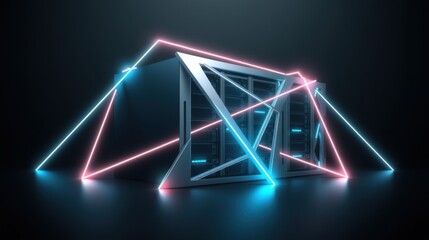 Fototapeta premium Server rack illuminated with vibrant neon lines. Futuristic design, dark background emphasizes glowing geometric shapes, technology concept.