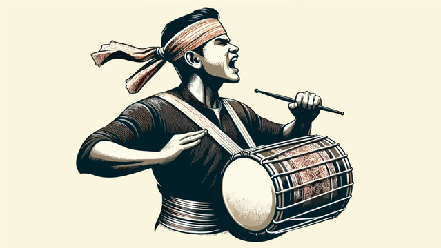Traditional Assamese Man Passionately Playing Dhol Drum with Headband During Bihu Festival, Vintage Engraving Style Vector Illustration