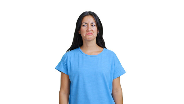 Woman expressing dislike and disgust grimacing at something