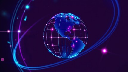 Obraz premium Futuristic globe illustration. Bright neon lines form grid over earth. Dark purple background with glowing particles, dynamic energy.