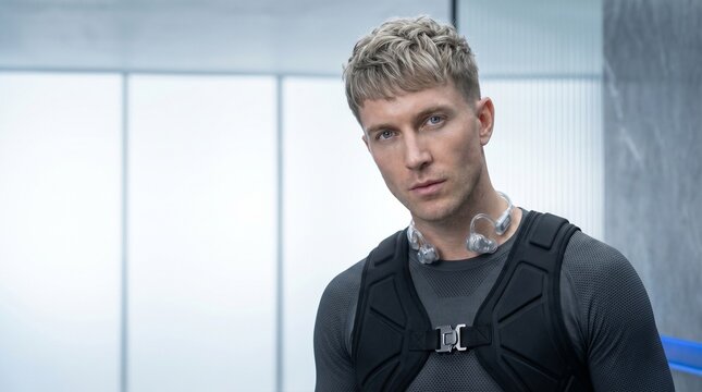 Portrait of a blond man in a high-tech tactical vest and bone-conduction headset. Shot against a minimalist glass background, focusing on pore-level skin texture and premium athletic materials.