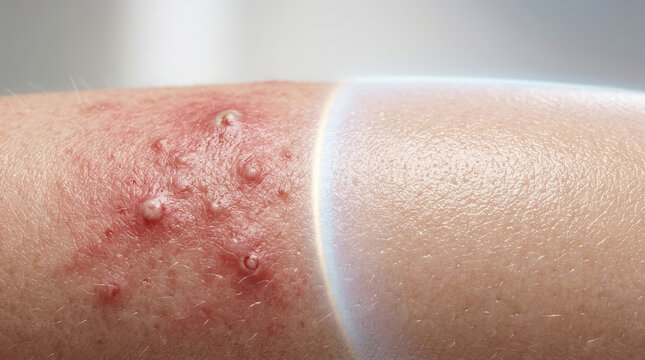 Healthy skin barrier vs acne inflammation concept with closeup of red irritated rash and pustule on human arm under sunlight showing dermatitis flare and texture for dermatology care