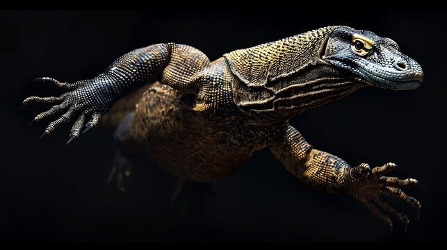 Komodo dragon lunges forward with sharp claws visible on its scaly, textured skin.
