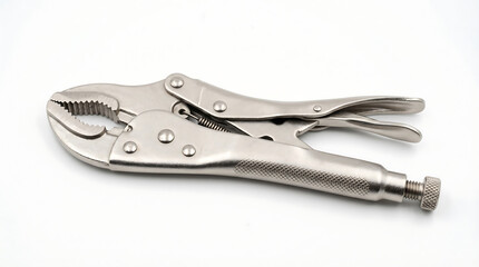 Obraz premium Professional-grade locking pliers, a robust chrome hand tool for secure gripping, clamping, and fastening in various repair and construction projects, isolated on white background