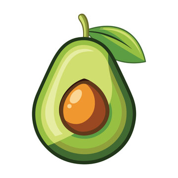 Cartoon illustration of a halved avocado with leaf and pit exposed on white background  fresh fruit
