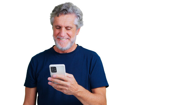 Senior man smiling using smartphone transparent background