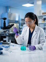 Fototapeta premium Scientist pipetting liquid during research experiment in laboratory