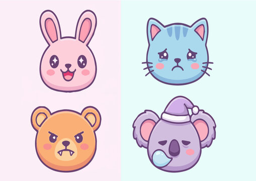 Cute Kawaii Bunny and Cat Character Portraits in Pastel Colors