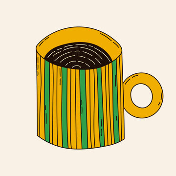 Hand-drawn quirky illustration of ceramic striped mug. Cup of tea or coffee naive art drawing. Funky trinket vector design