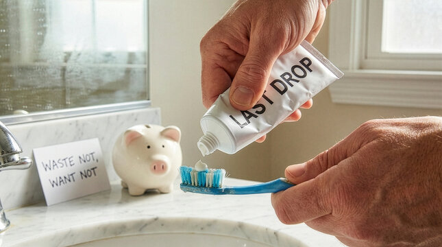 A man squeezing the last drop of toothpaste onto a toothbrush in a bathroom representing frugality and saving