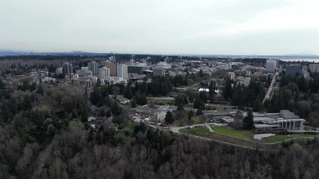 Panoramic View Of Museum of Anthropology At UBC In Vancouver, British Columbia, Canada. Aerial Drone Shot
