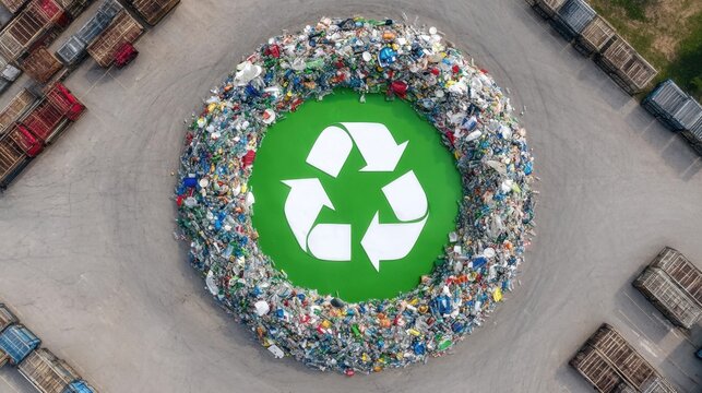 Circular Arrangement of Recyclable Materials with Green Recycle Symbol in Top View Overhead Image Under Bright Sunlight