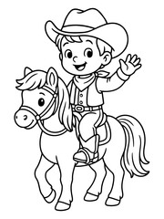 Fototapeta premium Little cowboy riding horse : A cheerful little cowboy riding a horse waving hello, he's full of frontier spirit and adventure 