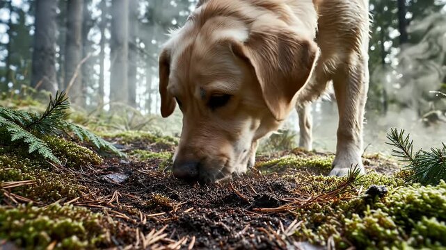 Golden Labrador Retriever Dog Sniffing Damp Forest Soil Covered in Morning Dew Amidst Green Mossy Undergrowth and Tall Pine Trees with Soft Sunlight Filtered Through Canopy